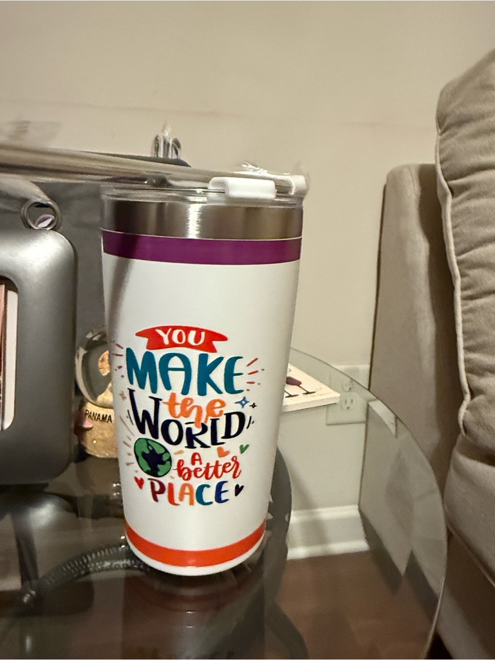 Inspirational White Travel Tumbler - "You Make the World a Better Place"